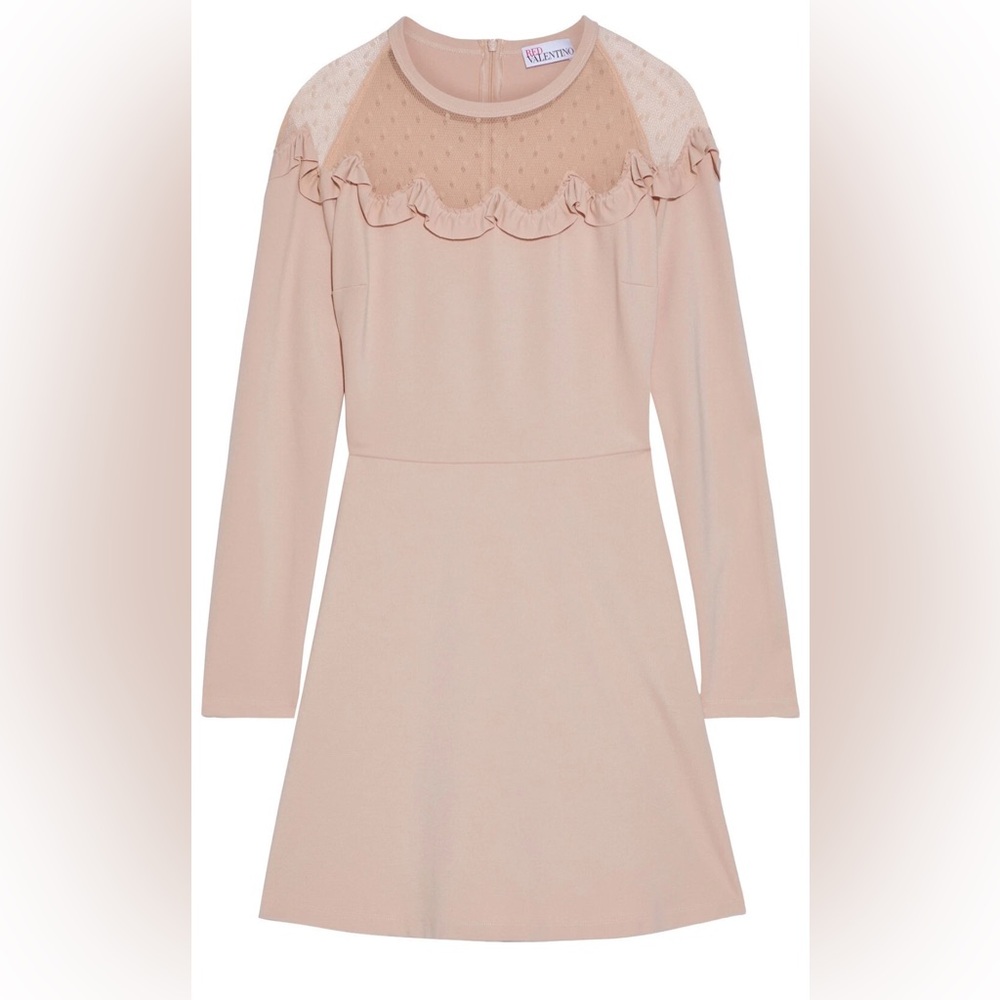 Red Valentino L Point D’esprit-Paneled Ruffled Ponte Mini Dress Nudo Blush Pink - Picture 3 of 10
